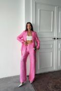 Pembe Beli Kuşaklı Ceket Ve Pantolon Parlak Takım resmi